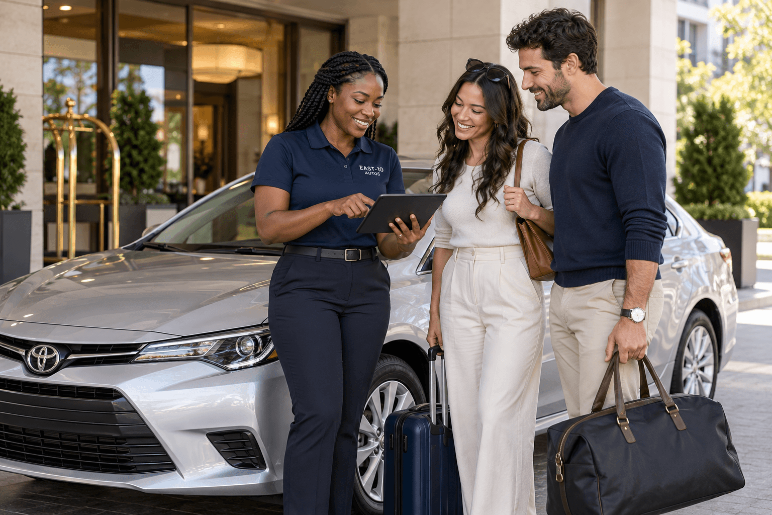 EAST-10 branded staff assisting clients with a vehicle handoff